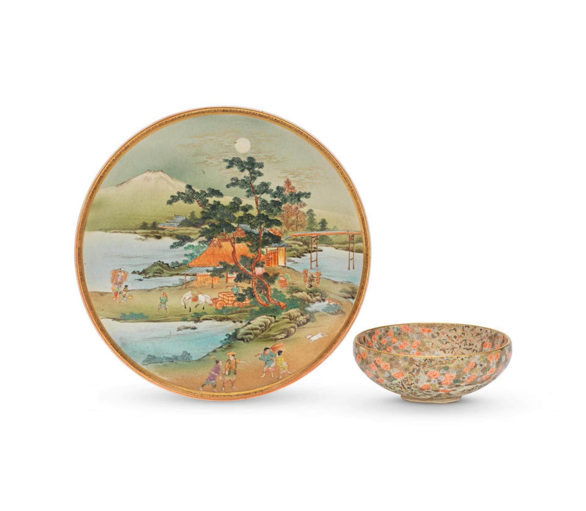 A SATSUMA 'BUTTERFLIES' BOWL AND A SATSUMA LANDSCAPE DISH Meiji period, 19th century (2)