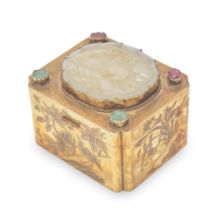 A SILVER GILT BRASS BOX WITH WHITE JADE PLAQUE 19th century