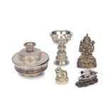 A WHITE METAL FIGURE OF SHADAKSHARI AND FOUR WHITE METAL ITEMS 16th/17th century and later (6)
