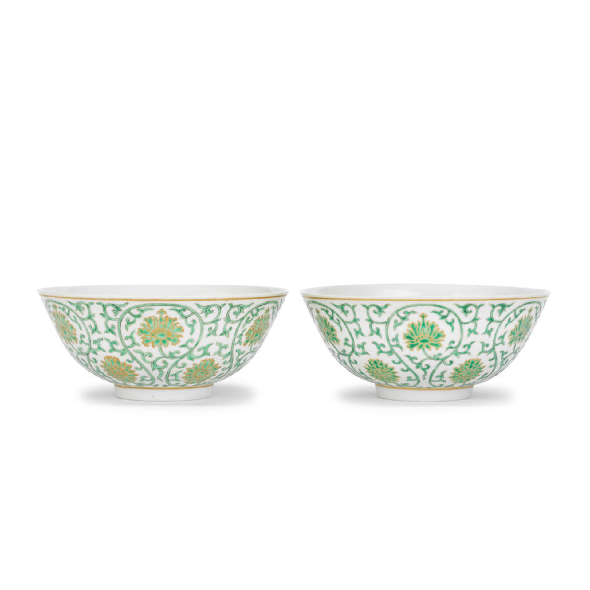 A PAIR OF GILT-DECORATED GREEN-ENAMELLED 'LOTUS SCROLL' BOWLS Daoguang seal marks, Republic (4)