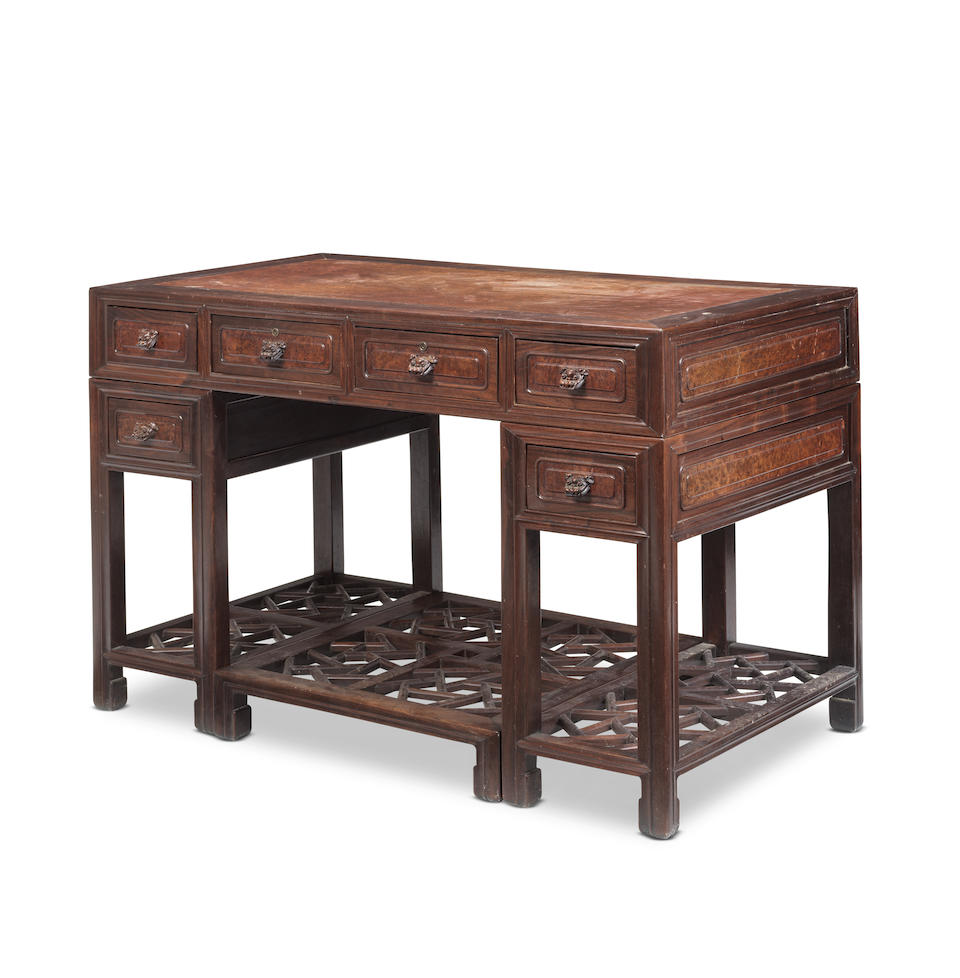 A BURL-INSET HONGMU PEDESTAL DESK, JIAJI'AN 19th century (4) - Image 2 of 2