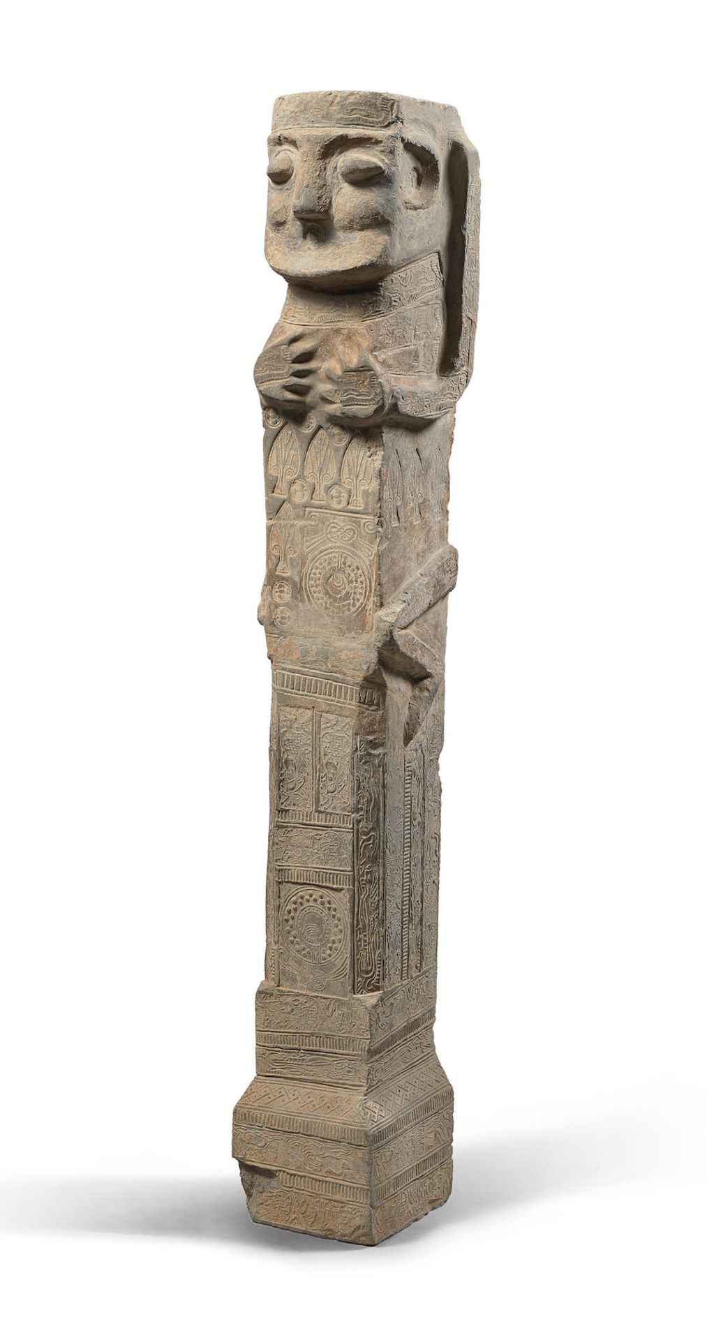 A VERY LARGE RARE GREY STONEWARE HUMAN-HEADED PILLAR Han Dynasty