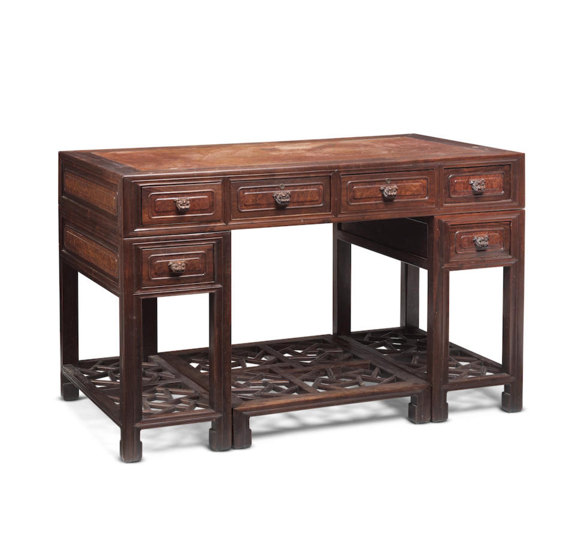 A BURL-INSET HONGMU PEDESTAL DESK, JIAJI'AN 19th century (4)