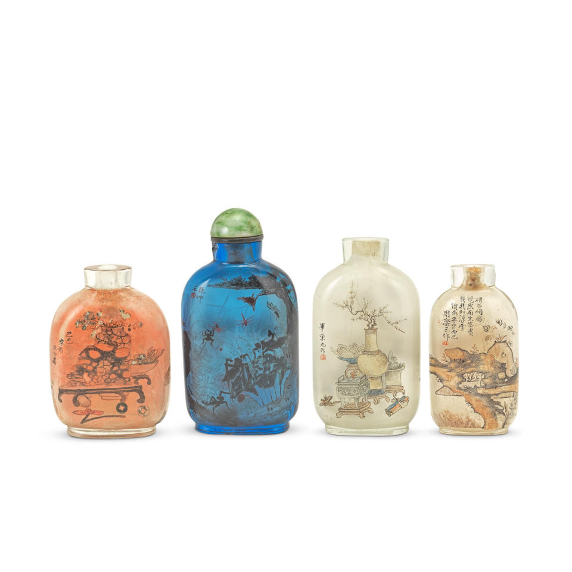 FOUR INSIDE-PAINTED GLASS SNUFF BOTTLES Variously signed Chen Shaofu, Bi Rongjiu (1874-1925) and...