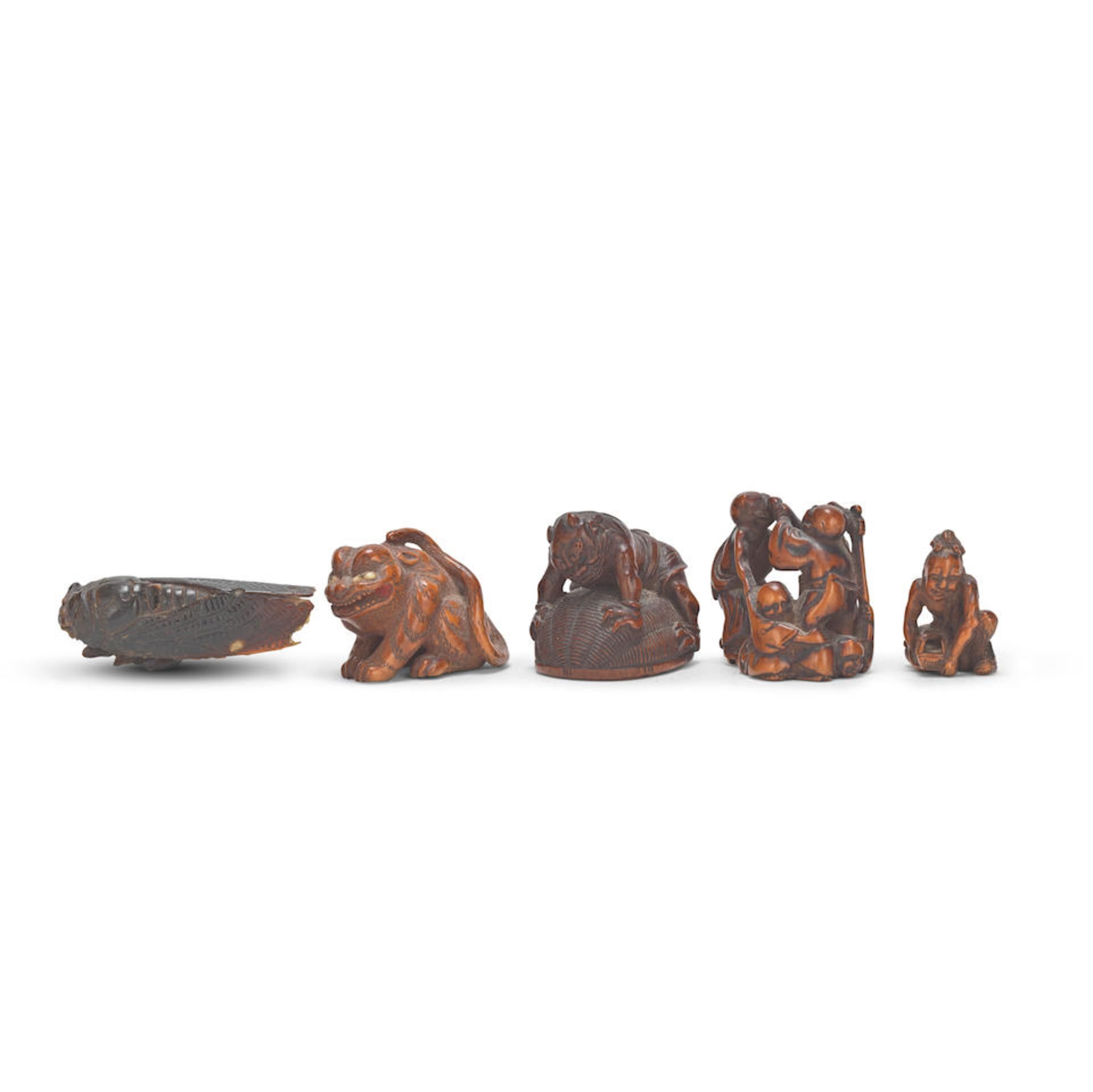 A COLLECTION OF CARVED WOOD NETSUKE 19th century, one signed Masanobu and one Joryu (4)