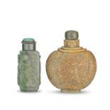 A SPINACH JADE 'CAT AND BIRDS' SNUFF BOTTLE AND SOAPSTONE 'DRAGONS' SNUFF BOTTLE Qing Dynasty (4)