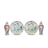 A PAIR OF FAMILLE ROSE 'LADIES' DISHES AND A PAIR OF IRON RED ENAMELLED BLUE AND WHITE 'LANDSCAP...