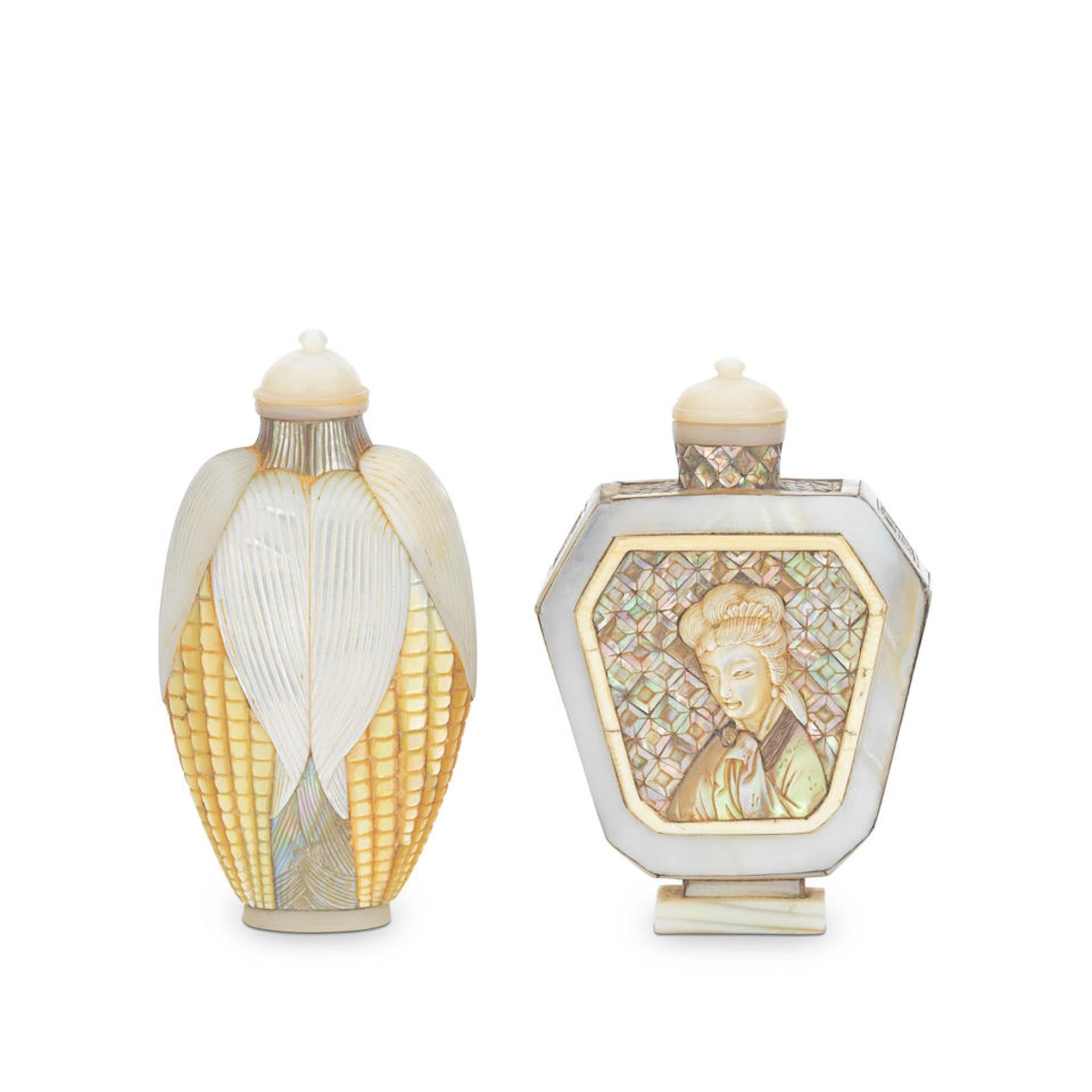 A MOTHER-OF-PEARL 'LADY' SNUFF BOTTLE AND A MOTHER-OF-PEARL 'CORN' BOTTLE Qing Dynasty (5)