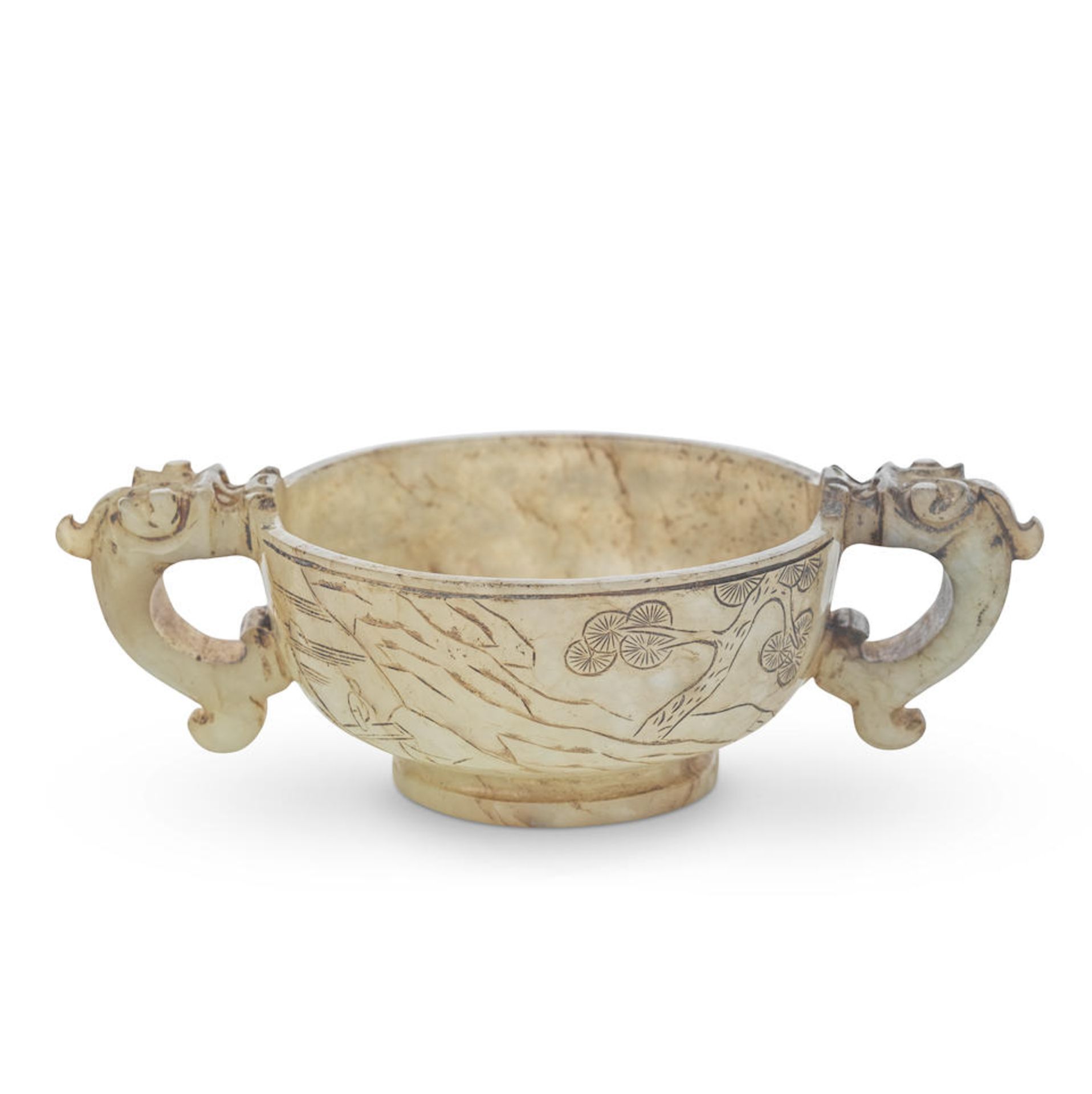 A MOTTLED GREEN AND RUSSET JADE TWO-HANDLED CUP Qing Dynasty