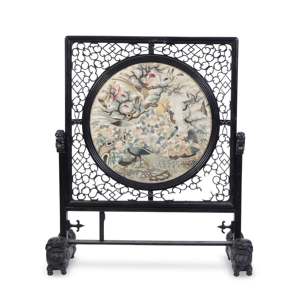 A SILK EMBROIDERED 'HUNDRED BIRDS' PANEL-INSET HONGMU TABLE SCREEN 19th century (2)