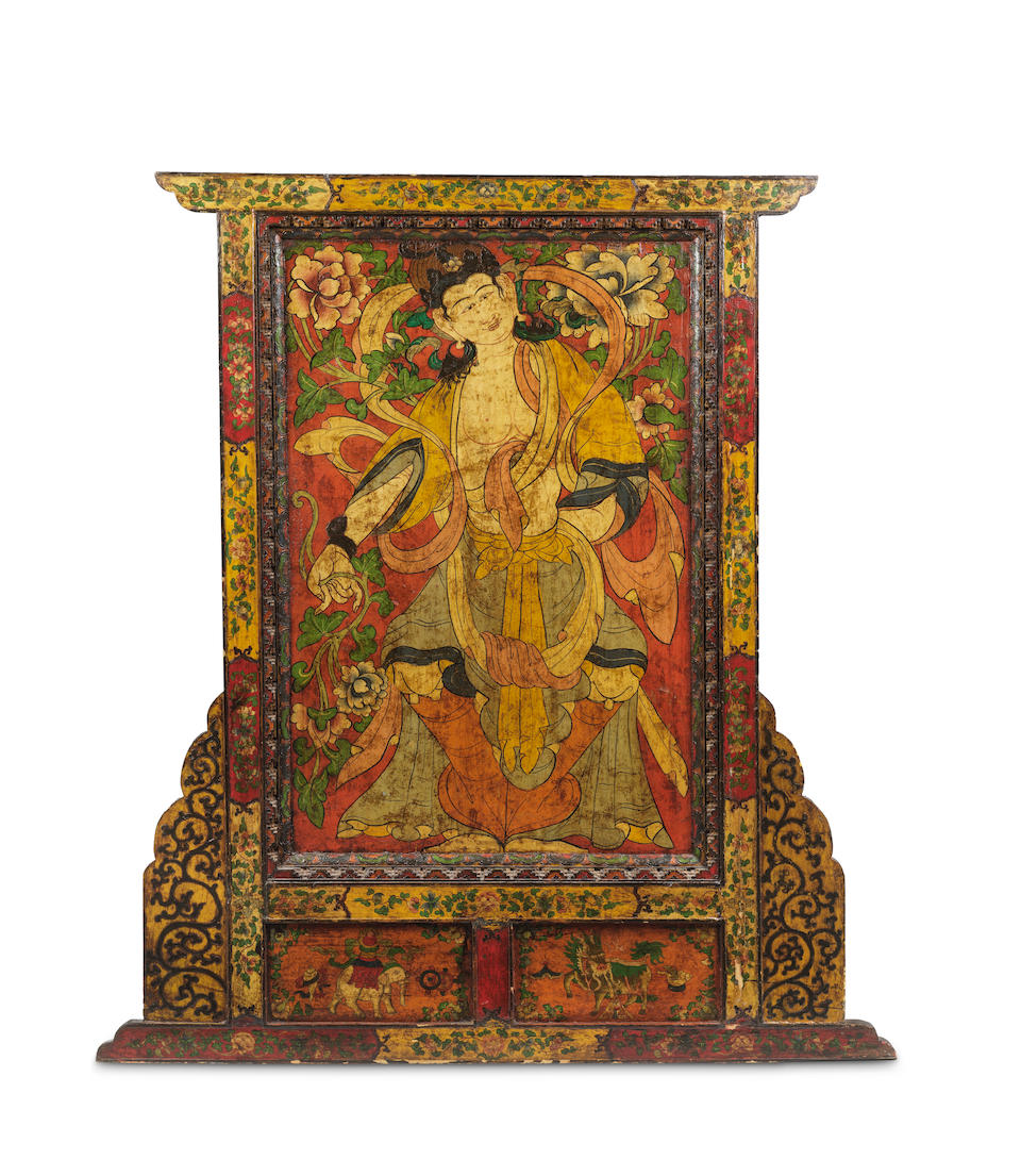 A LARGE POLYCRHOME PAINTED WOOD SCREEN Tibet, 19th/20th century