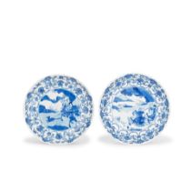 A PAIR OF BLUE AND WHITE HUNTING-SCENE DISHES Chenghua six-character marks, Kangxi (2)