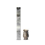 A PALE GREEN AND GREY JADE SCROLL WEIGHT AND A BRONZE TOOL VASE Han Dynasty and 19th/20th centur...