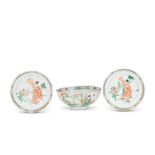 A FAMILLE VERTE BOWL AND A PAIR OF FAMILLE VERTE 'SCHOLAR AND ATTENDANT' DISHES Kangxi (3)