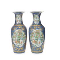 A PAIR OF FAMILLE VERTE BLUE-GROUND GILT-DECORATED VASES 19th century (2)