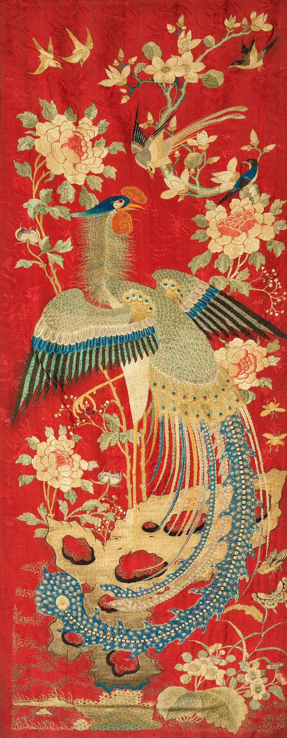 AN EMBROIDERED RED-GROUND 'PHOENIX' PANEL 19th century