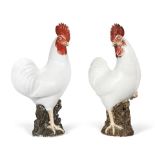 TWO RED-CRESTED WHITE-GLAZED STANDING COCKERELS 18th/19th century (2)