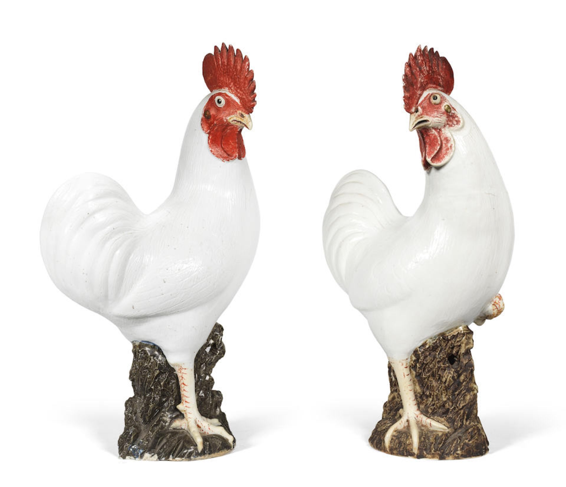 TWO RED-CRESTED WHITE-GLAZED STANDING COCKERELS 18th/19th century (2)