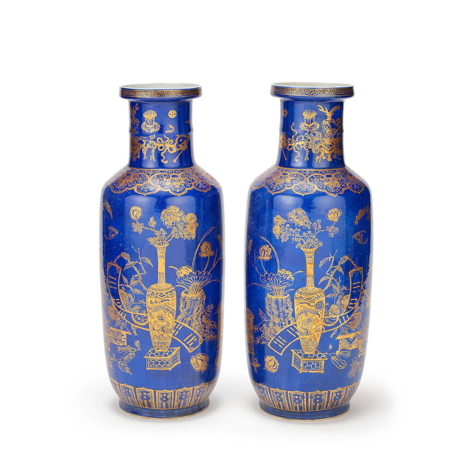 A PAIR OF GILT-DECORATED POWDER BLUE ROULEAU VASES 19th century (2)