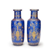 A PAIR OF GILT-DECORATED POWDER BLUE ROULEAU VASES 19th century (2)