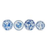 TWO ASSOCIATED BLUE AND WHITE 'LADIES' DISHES AND TWO FURTHER DISHES Kangxi six-character marks ...