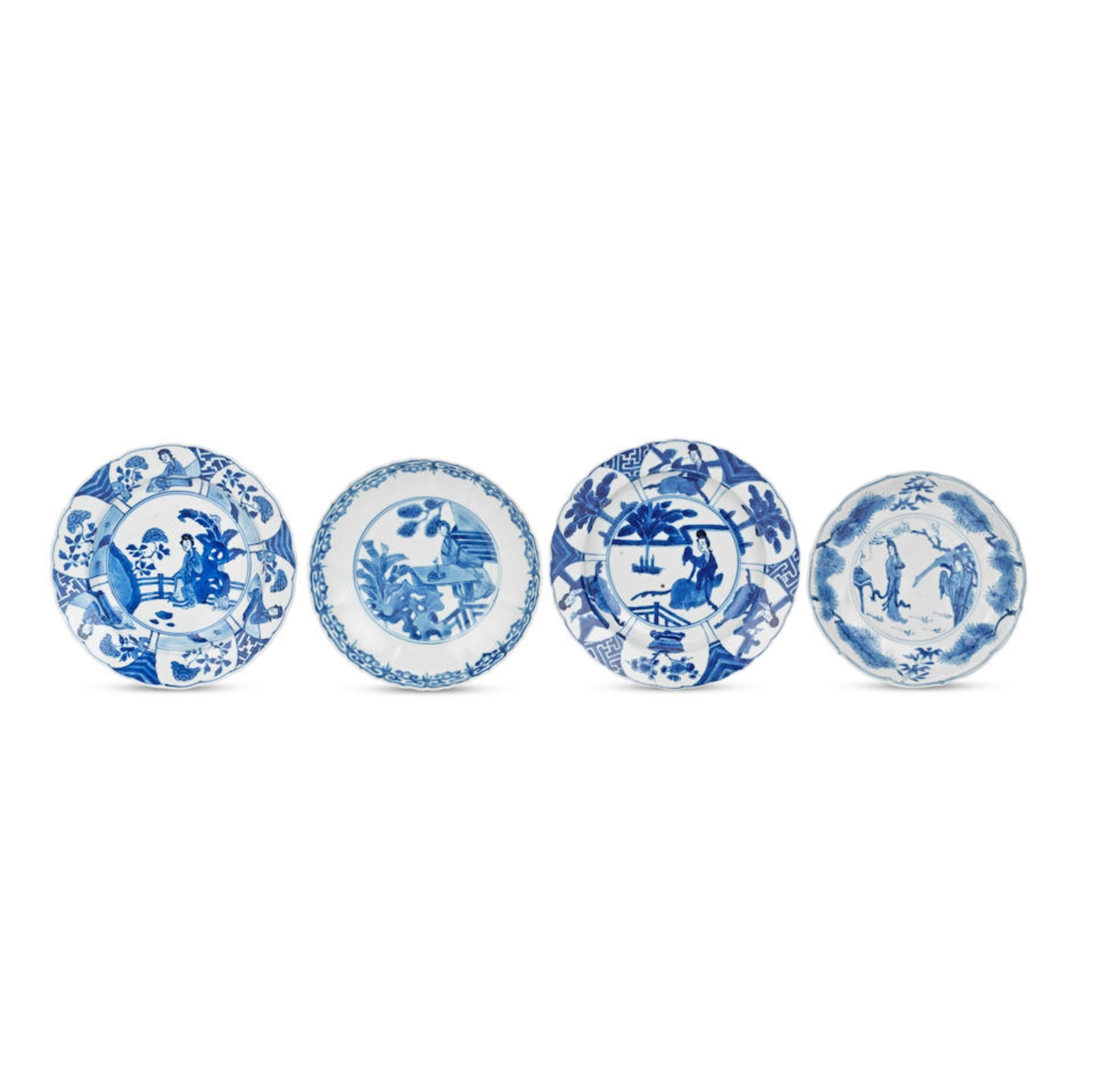 TWO ASSOCIATED BLUE AND WHITE 'LADIES' DISHES AND TWO FURTHER DISHES Kangxi six-character marks ...