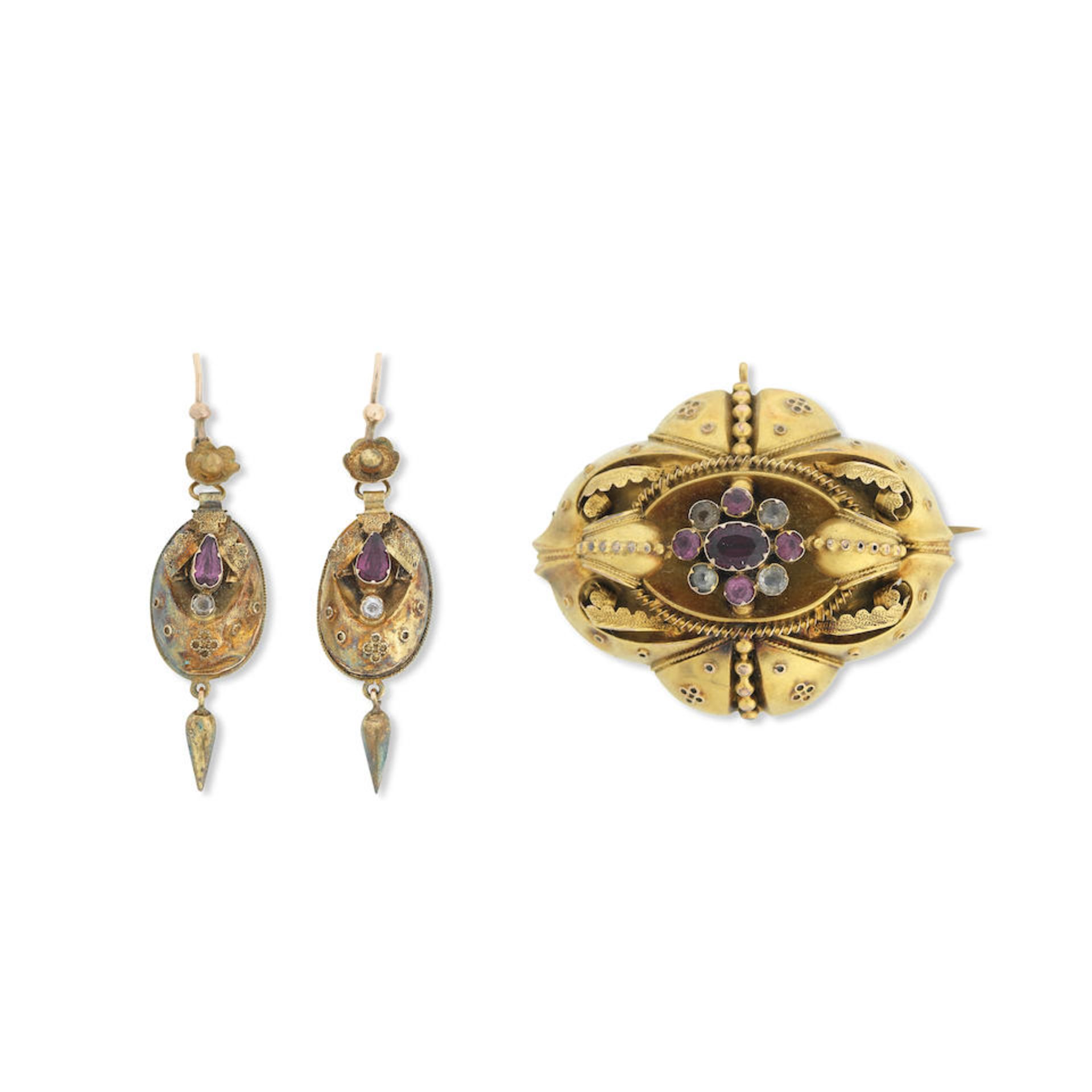 A gem-set brooch and a pair of gem-set pendent earrings, circa 1860