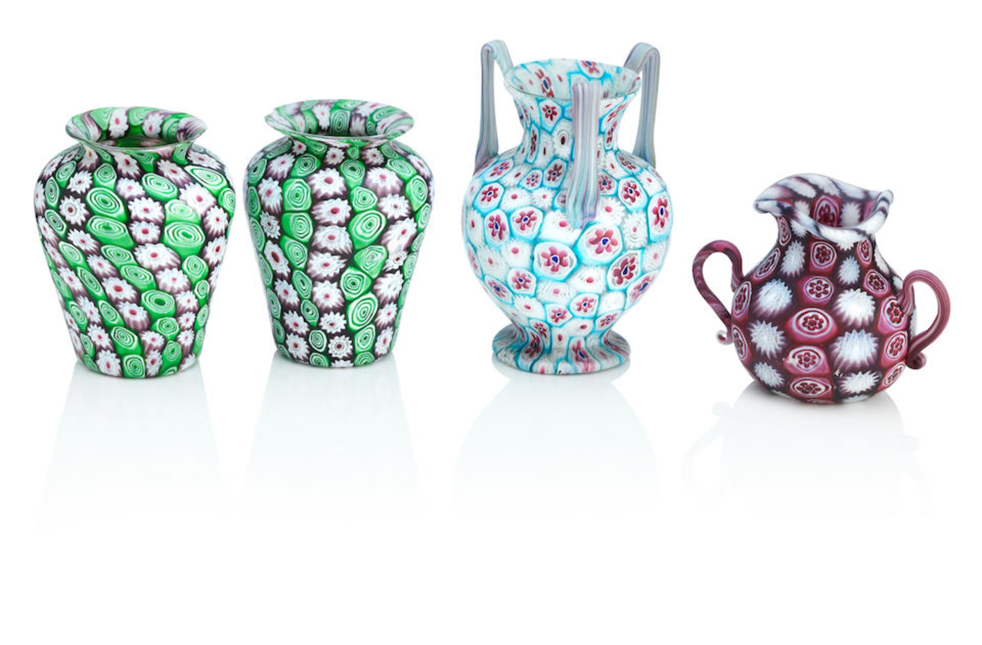 A collection of Murano millefiori glass vases Fratelli Tossi, circa 1890