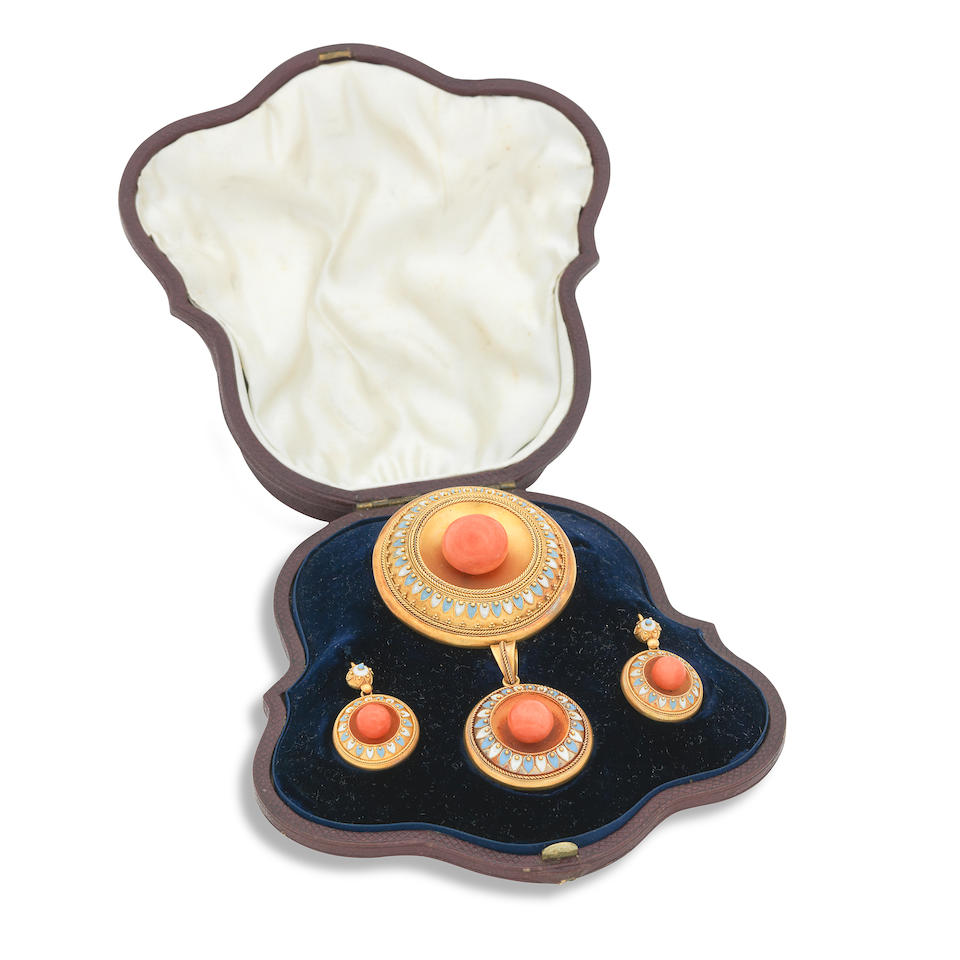 An Archaeological Revival coral and enamel demi-parure, circa 1870