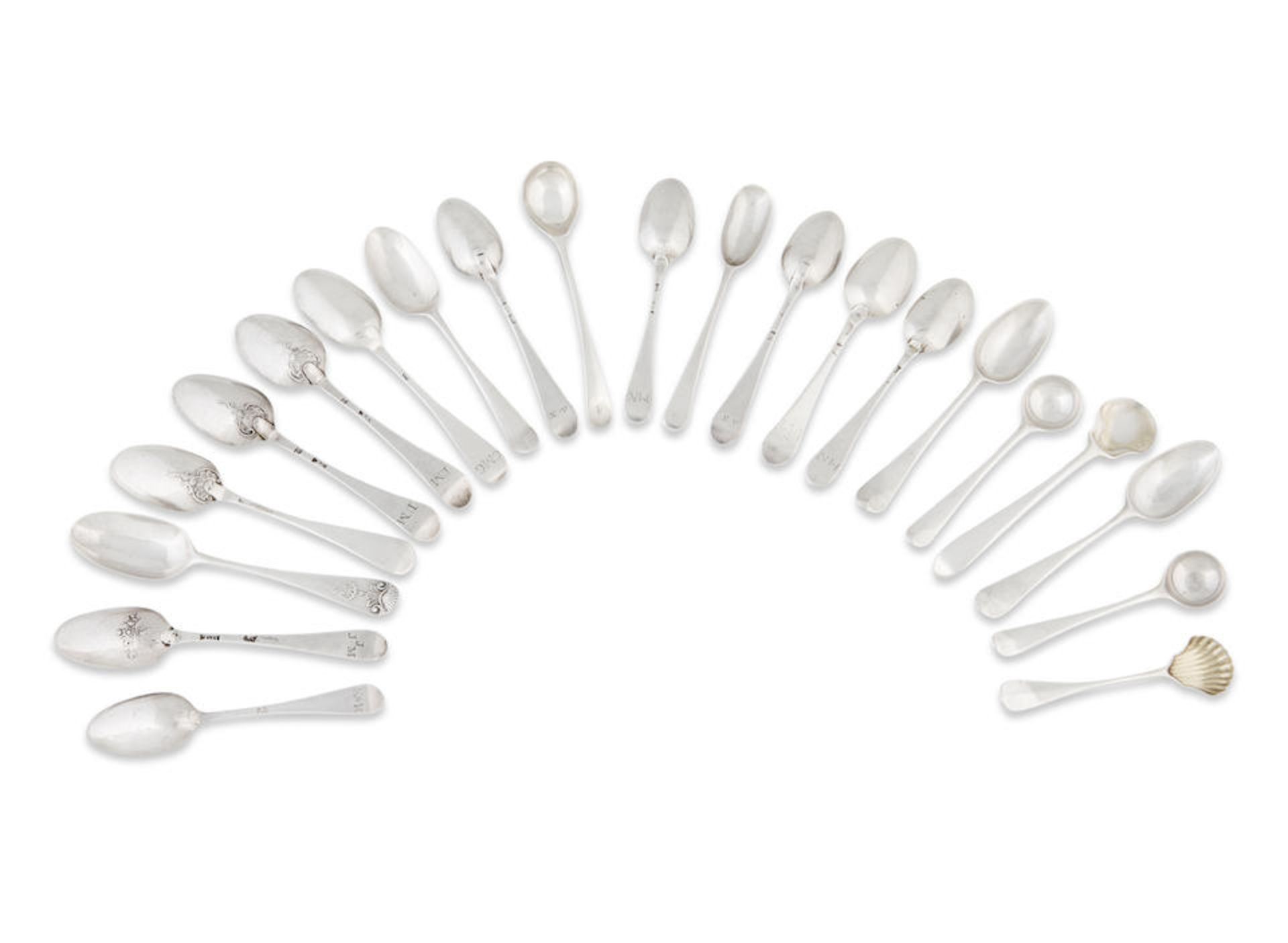 A collection of fifteen bottom-struck Hanoverian pattern teaspoons Various makers, each struck w...