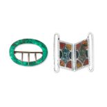 A Scottish silver and hardstone buckle and a malachite buckle (2)