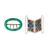 A Scottish silver and hardstone buckle and a malachite buckle (2)