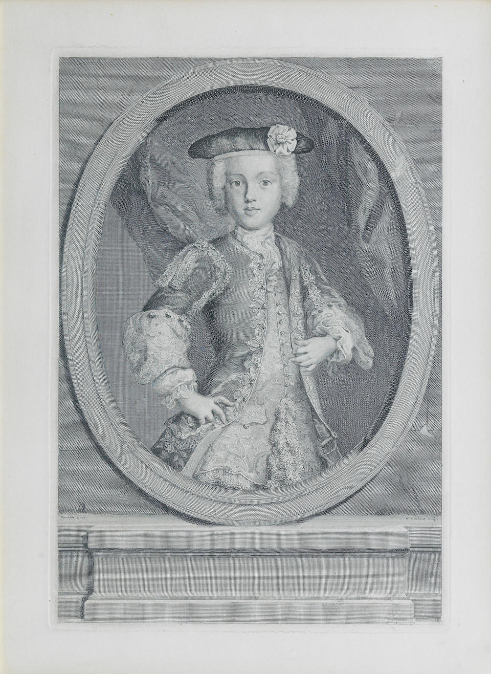 A portrait engraving of Charles Edward Stuart as a boy after David, engraved by Nicolas Edelinck...