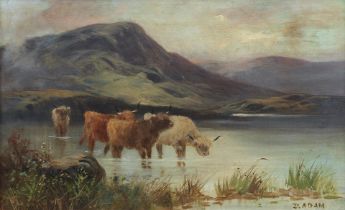 Scottish School (late 19th/early 20th Century) Highland Cattle in a Loch