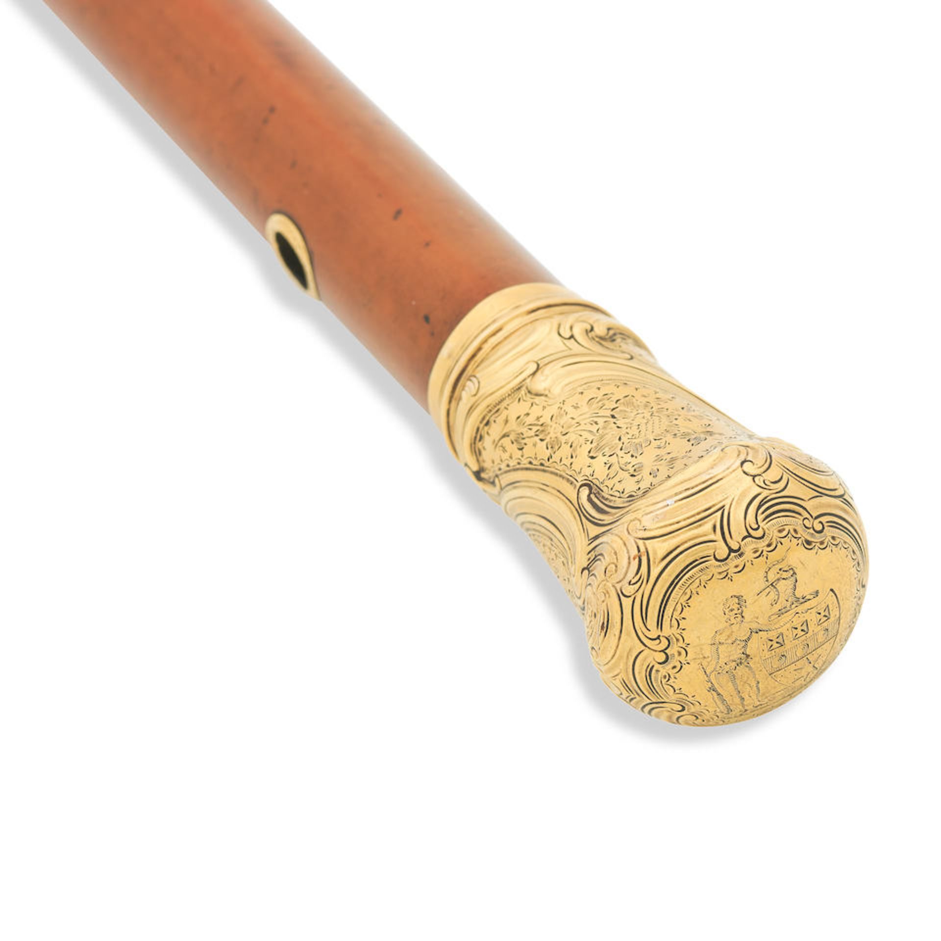 A George III eighteen carat gold-mounted walking cane Maker's mark WB, London, 1767