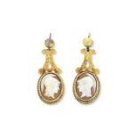 A pair of shell cameo pendent earrings, circa 1870