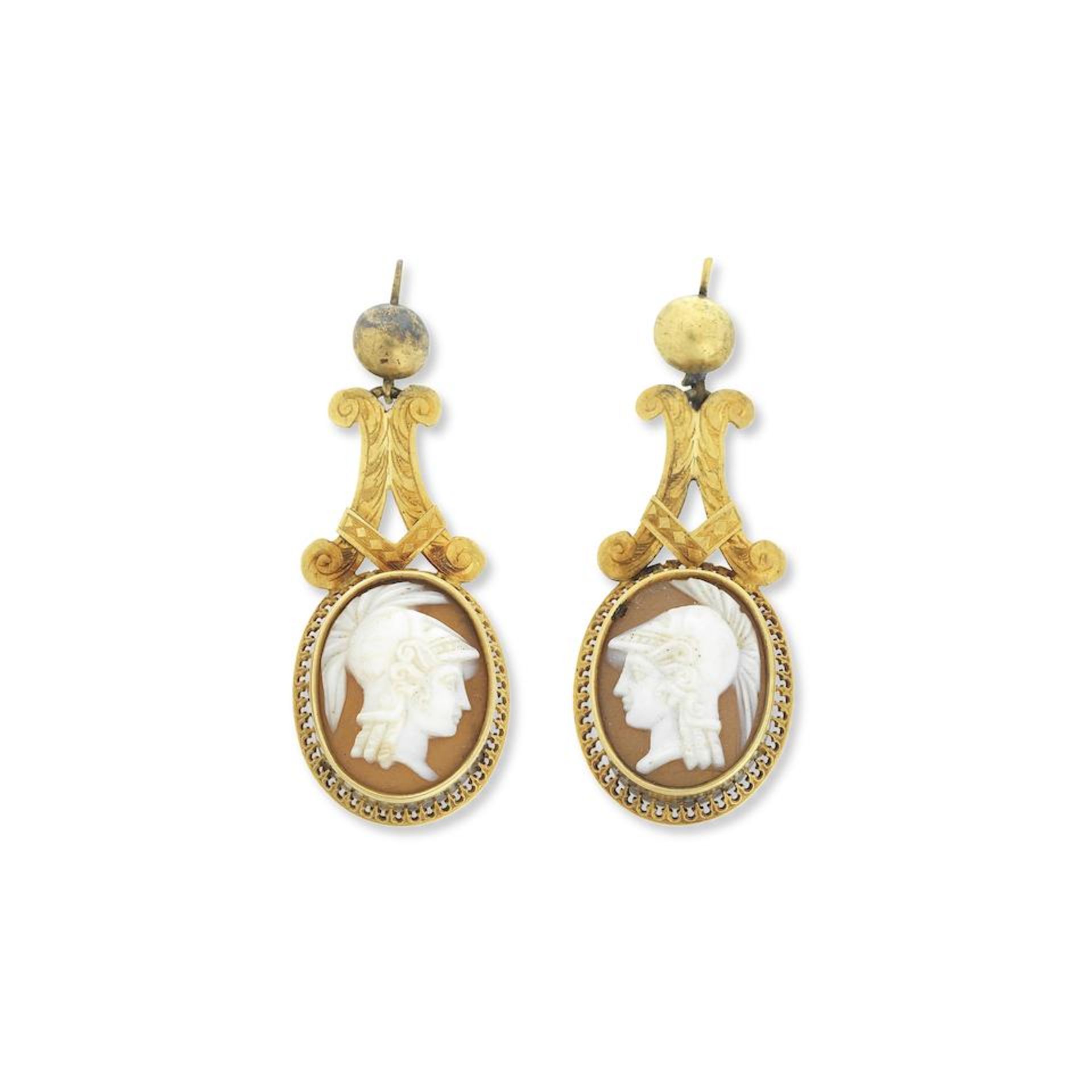 A pair of shell cameo pendent earrings, circa 1870