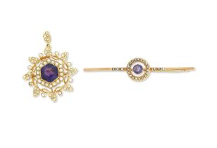 An amethyst and seed pearl pendant/brooch and a bar brooch, circa 1900