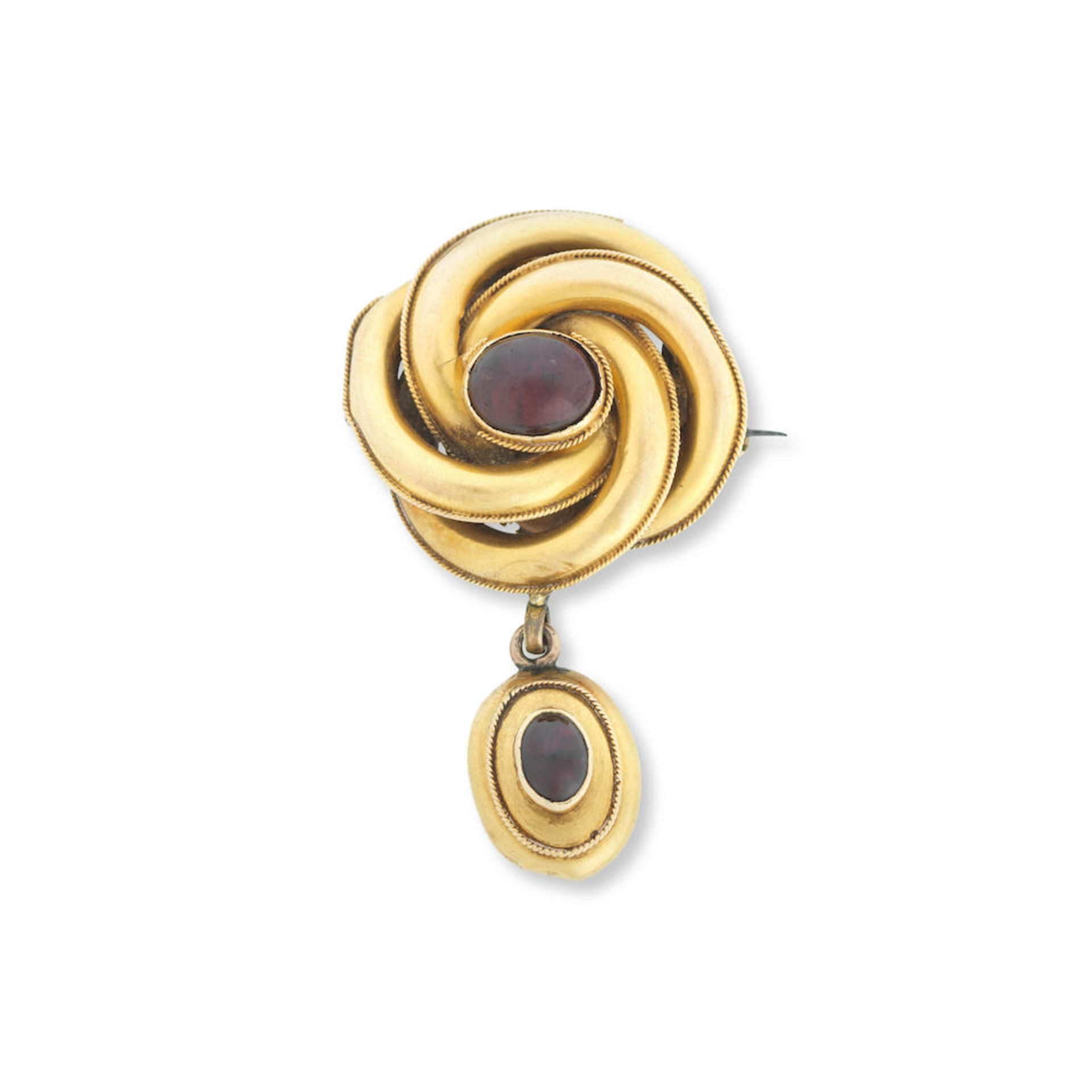 A gold and garnet brooch and pair of garnet pendent earrings, circa 1860-1870 (2)