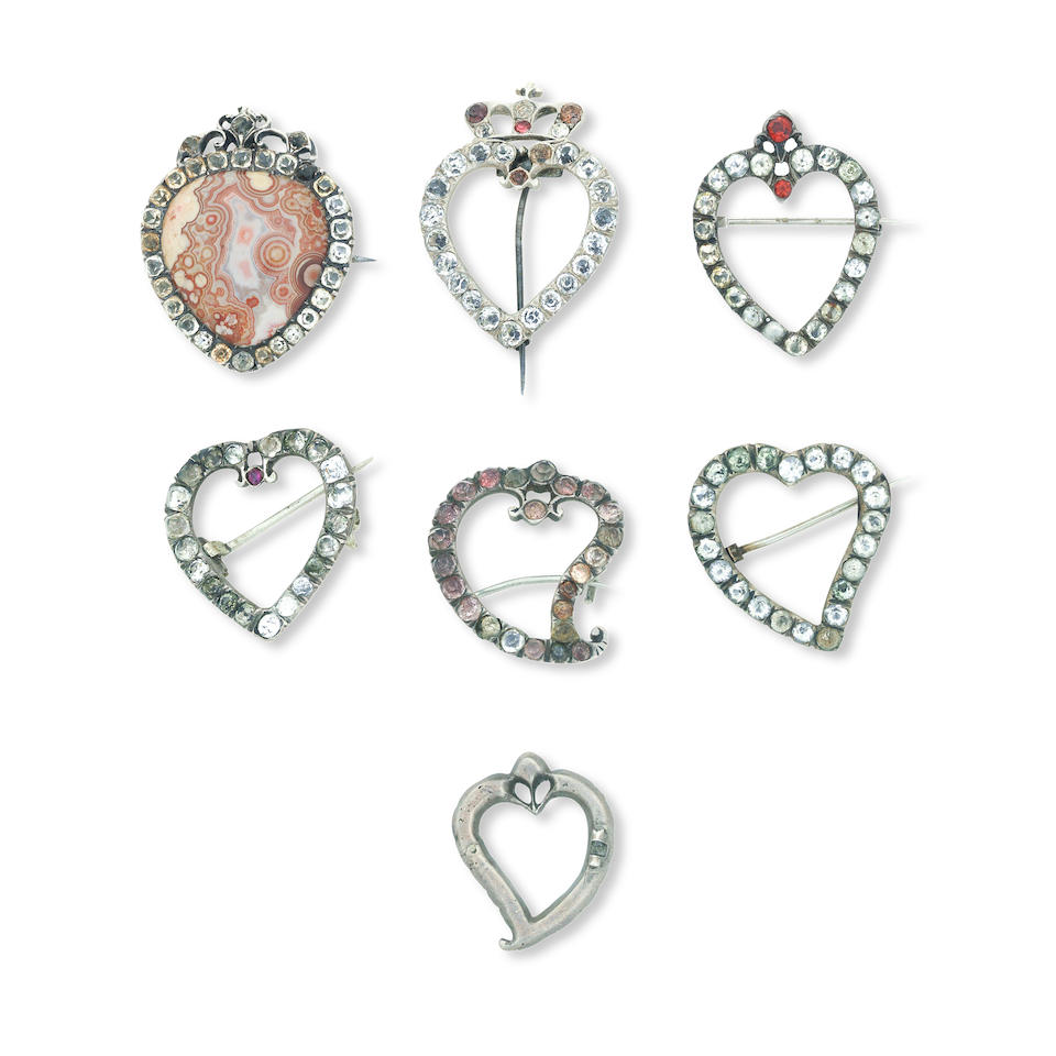 A collection of Scottish silver 'luckenbooth' heart brooches,