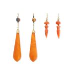 A pair of amber pendent earrings and a pair of coral pendent earrings (2)