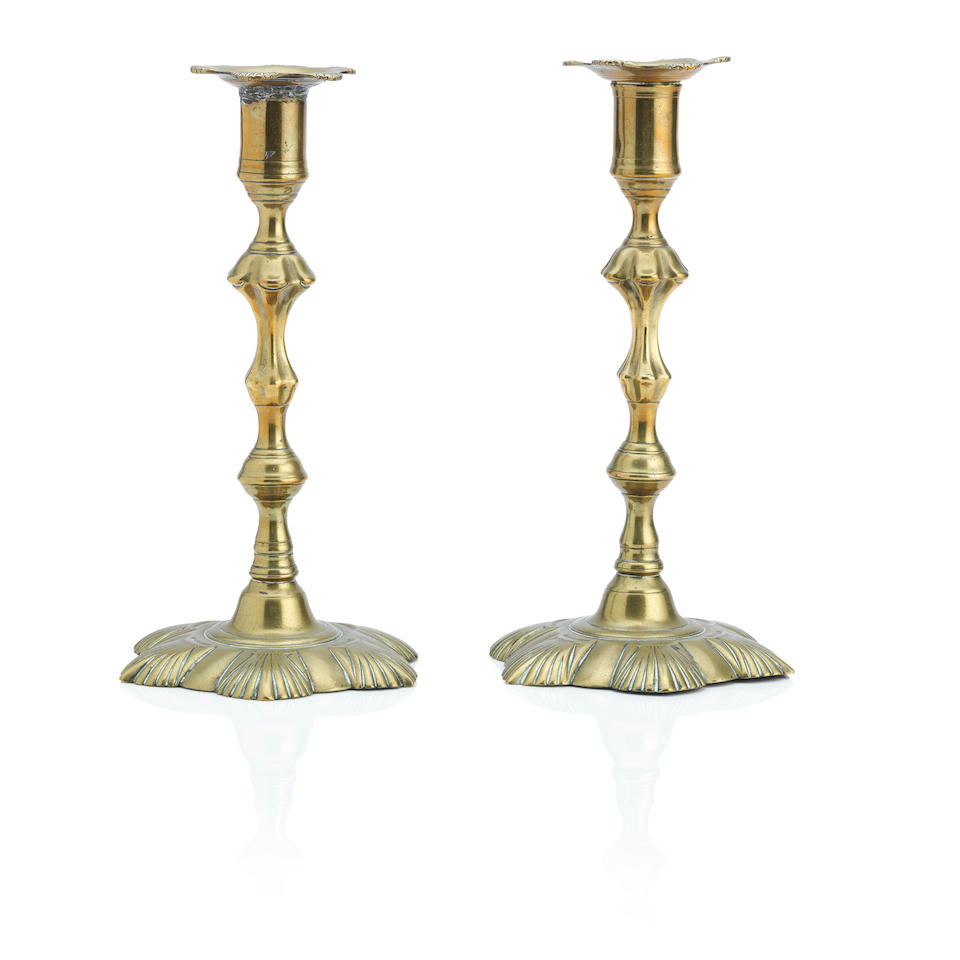 A large named pair of English rococo brass candlesticks Stamped 'Wm.LEE', circa 1760 - Image 4 of 4