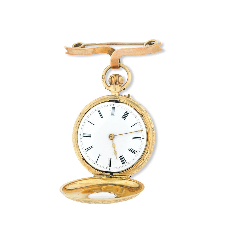 Stauffer, Son & Co. An 18 carat gold and enamel keyless wind half hunter fob watchImport mark fo...