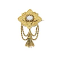 A Victorian opal and diamond brooch with tassel, circa 1870