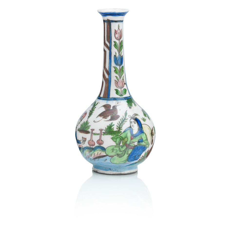 A Persian polychrome pottery bottle vase 19th Century