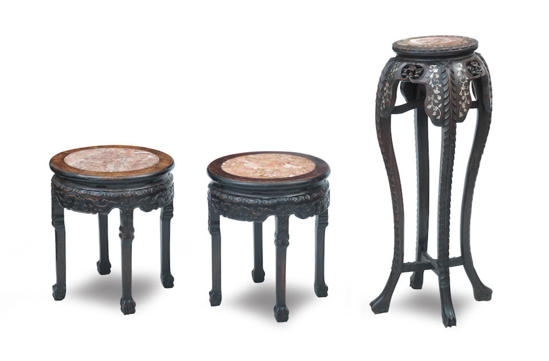 A pair of Chinese hardwood and rouge marble stands Late 19th Century (3)