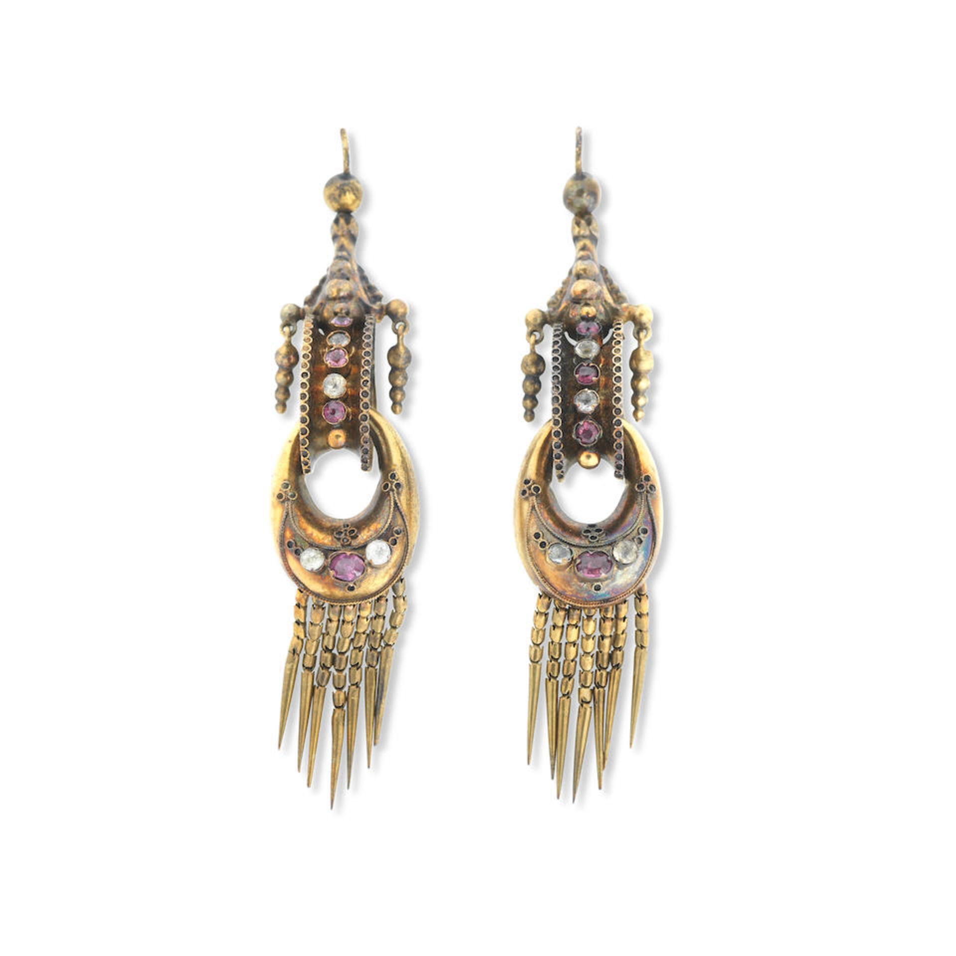 A pair of Archeological Revival gem-set pendent earrings, circa 1870