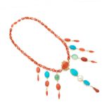 CORAL, TURQUOISE, EMERALD AND PEARL NECKLACE COLLIER CORAIL, TURQUOISES, EMERAUDES ET PERLES