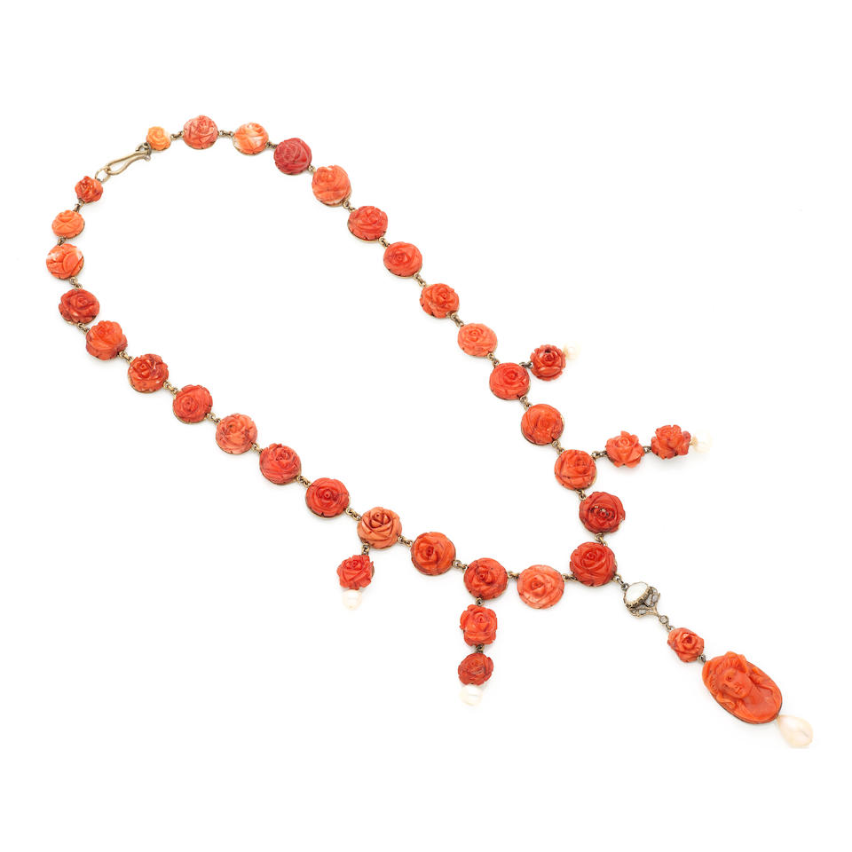 CULTURED PEARL, CORAL AND DIAMOND NECKLACE, 19TH CENTURY COLLIER PERLES DE CULTURE, CORAIL ET DI...