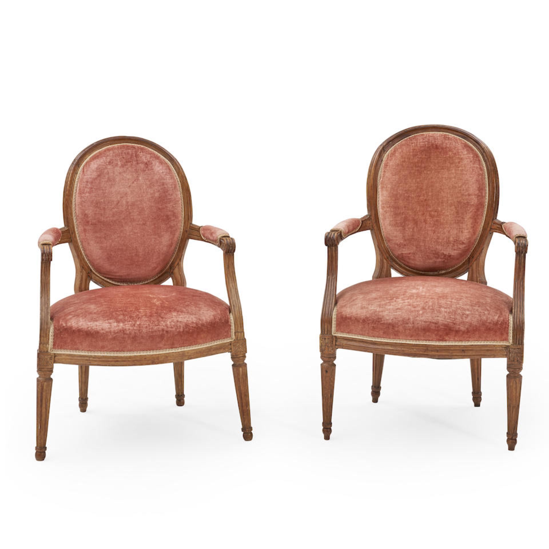 Pair of Louis XVI-style Beechwood and Upholstered Fauteuil, 19th century,